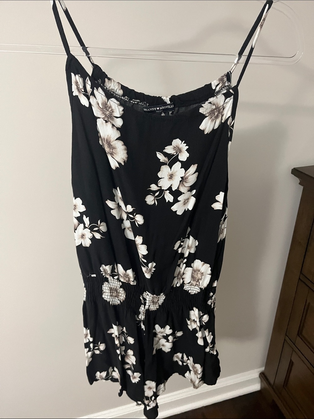 BRANDY MELVILLE Black Floral Spaghetti-Strap Romper